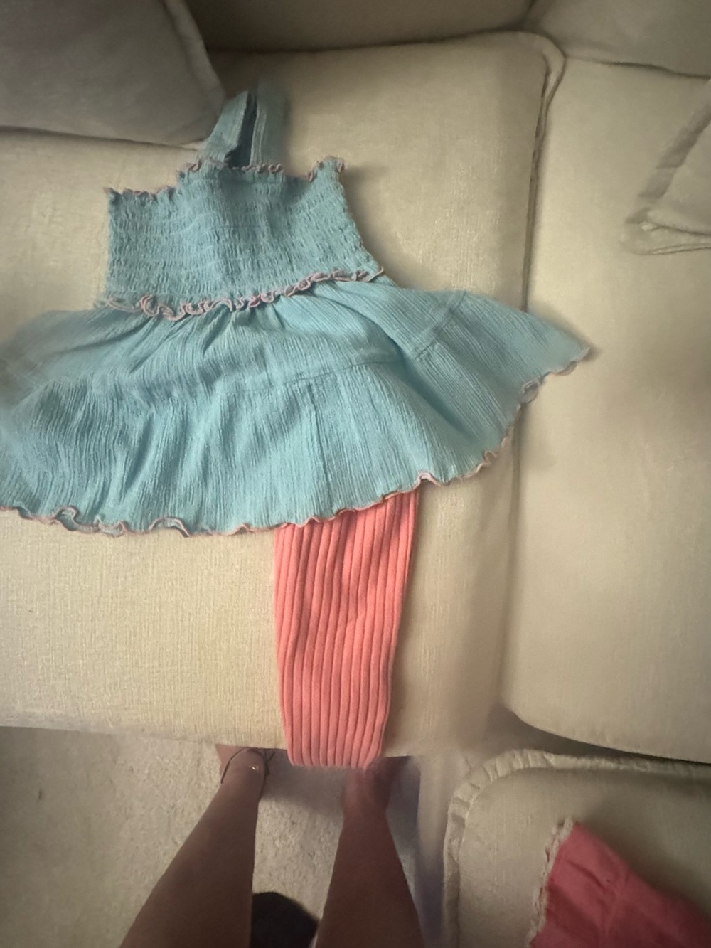 Blue Ruffle Tiered Dress with Coral Ribbed Leggings